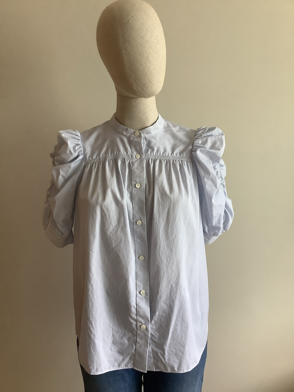 FRAME Shiring Blue Striped Puff Sleeve Button-Front Top. Size S